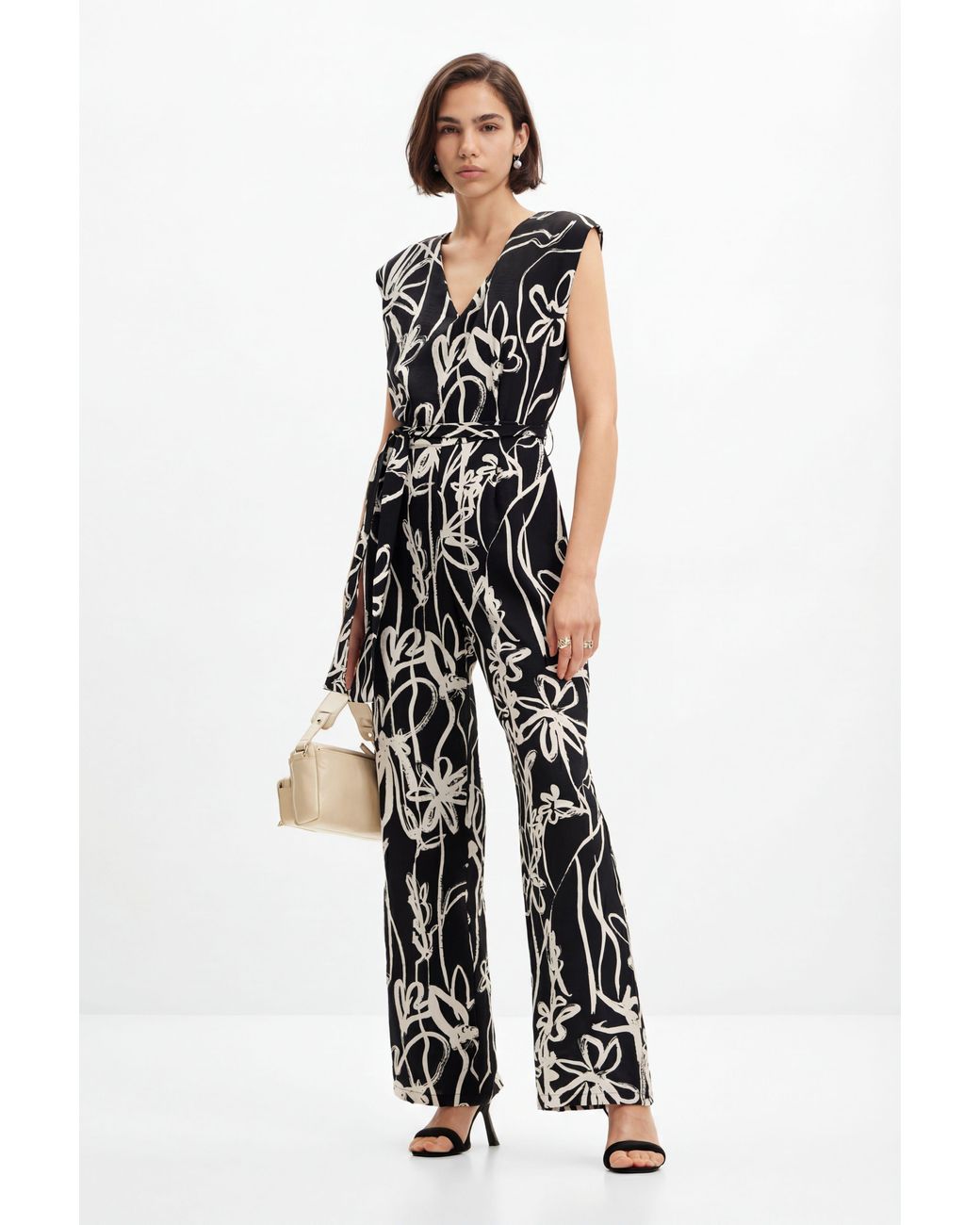 Desigual White Long Jumpsuit With Illustrated Flowers