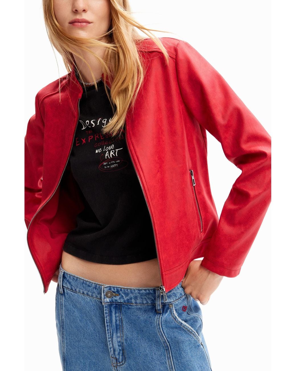 Desigual Red Slim Biker Jacket, Polyester