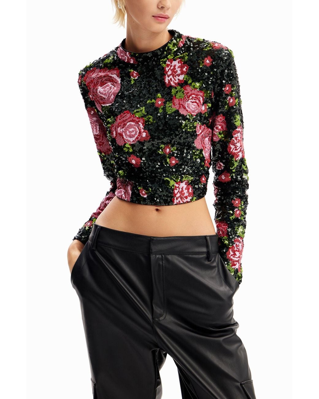 Desigual Black M. Christian Lacroix Cropped Sequin Blouse, Polyester