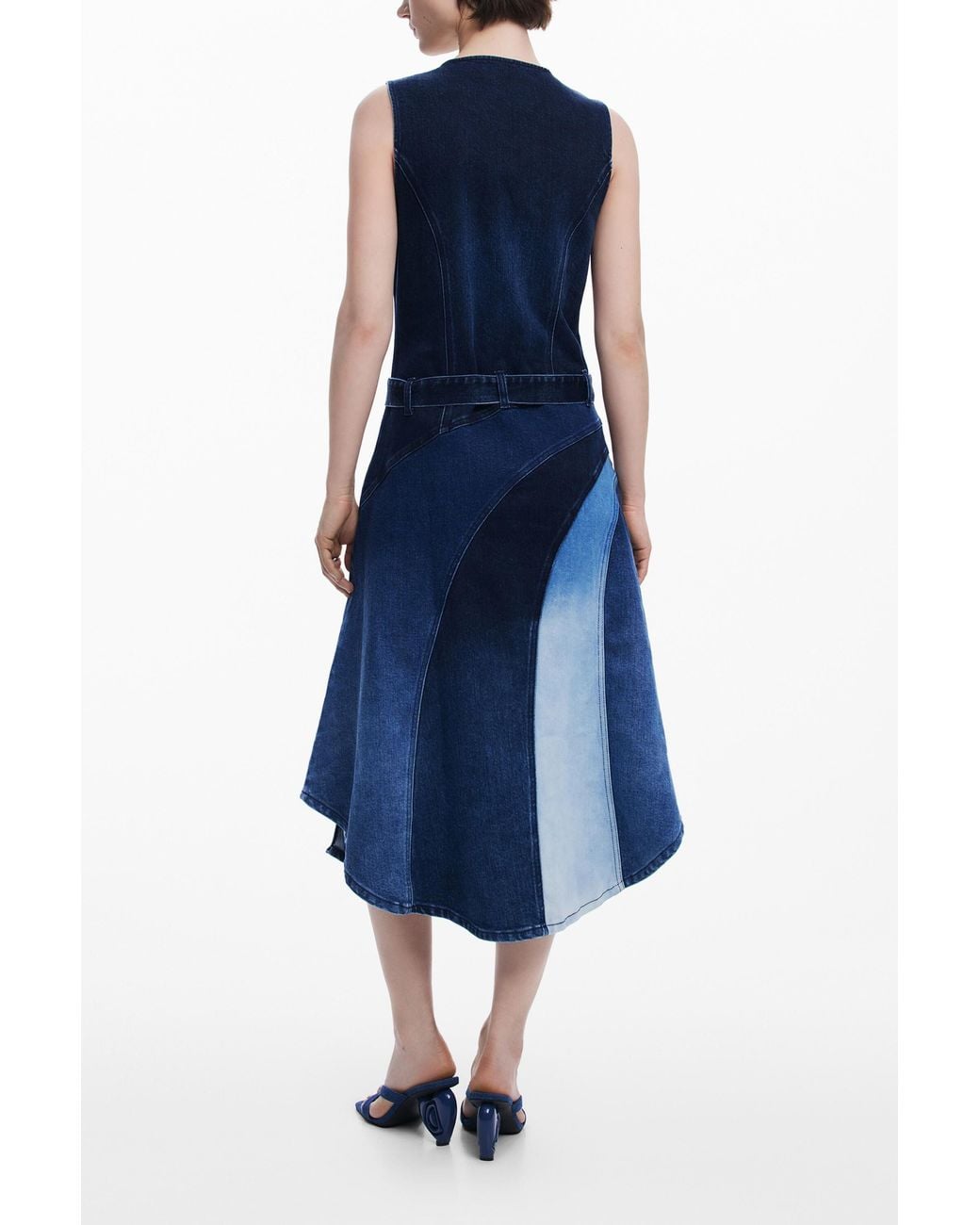 Desigual Blue Denim Midi Dress With Belt, Cotton