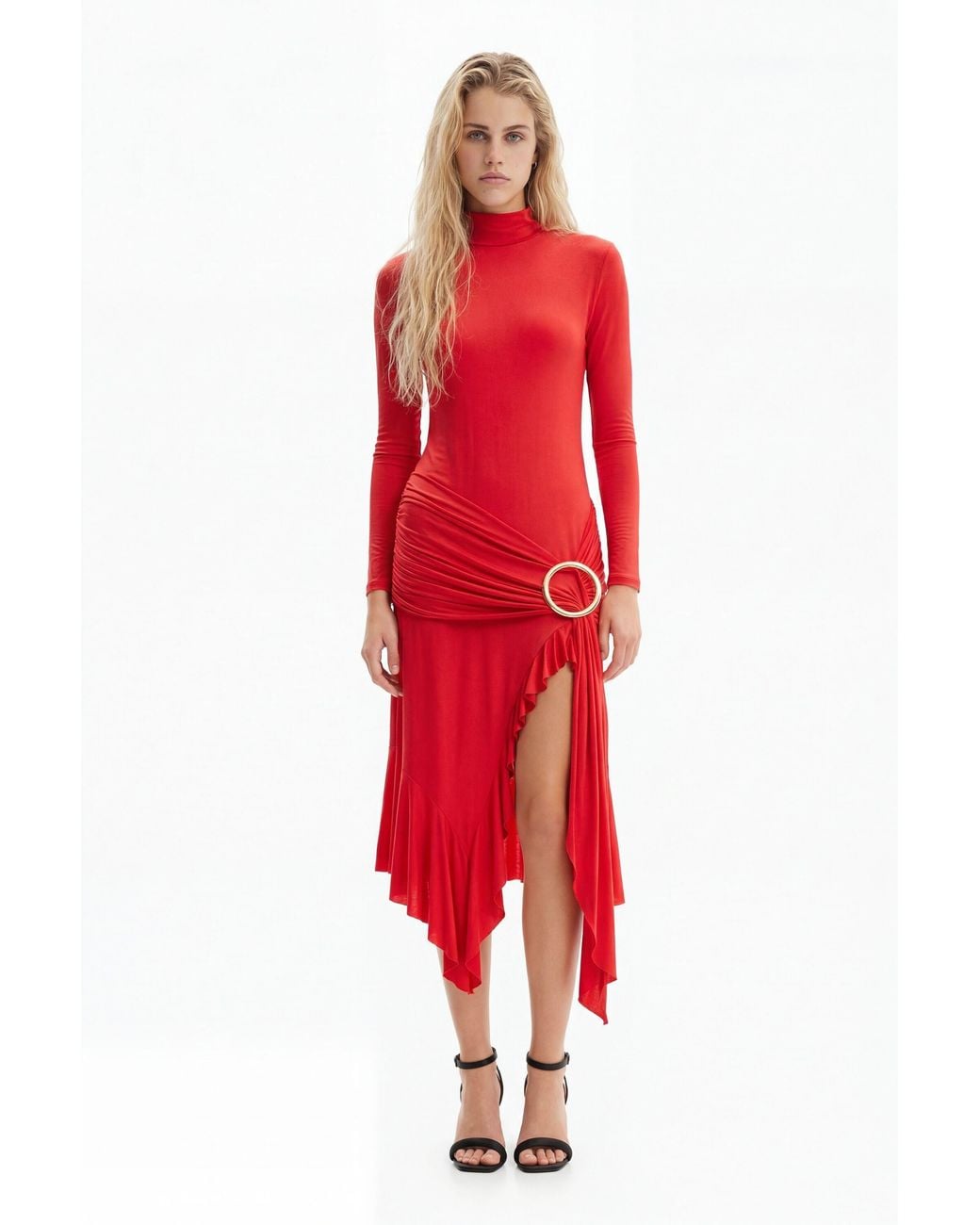 Desigual Red María Escoté Ruffled Slit Dress, Acetate