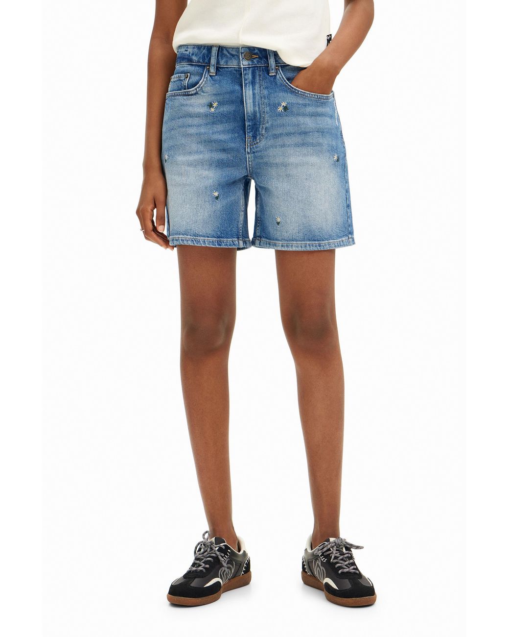 Desigual Blue Denim Shorts With Small Flower Prints. Cotton