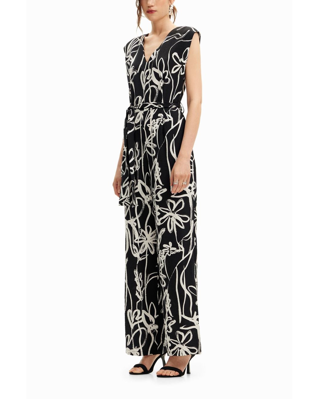 Desigual White Long Jumpsuit With Illustrated Flowers