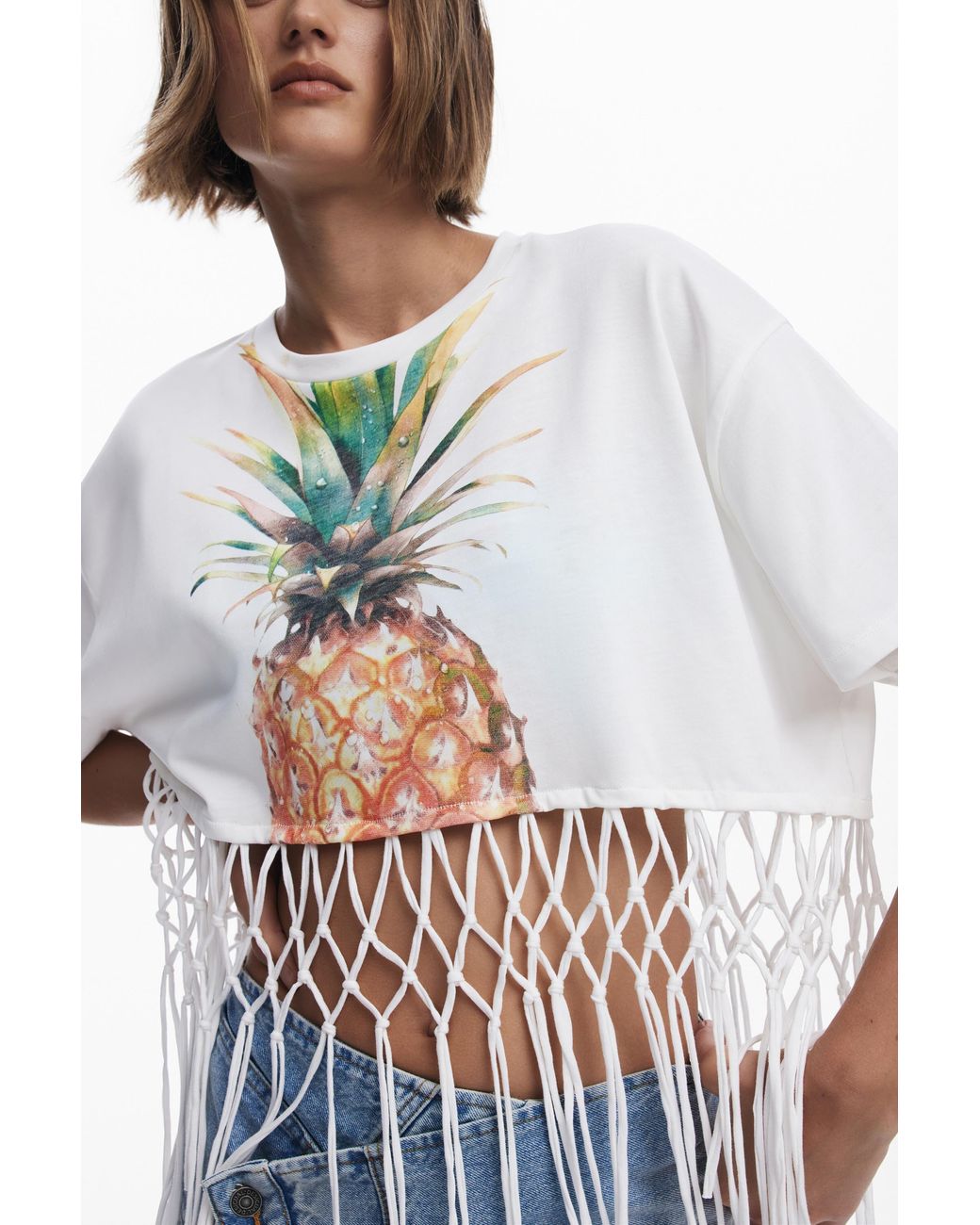 Desigual White Pineapple Cropped T-Shirt, Cotton