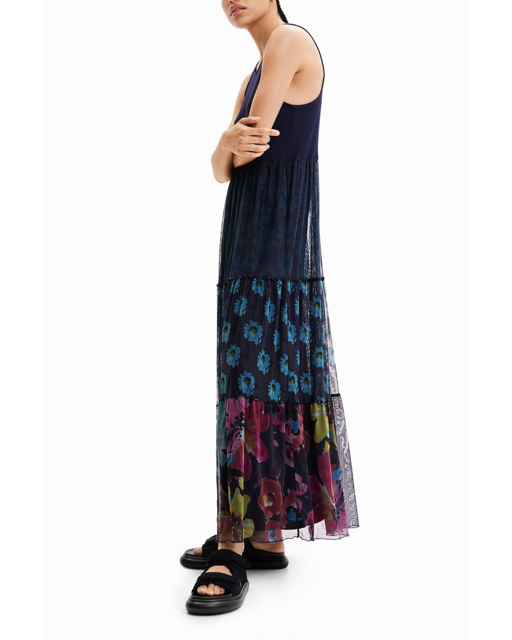 Desigual Blue Long Combination Tulle Dress
