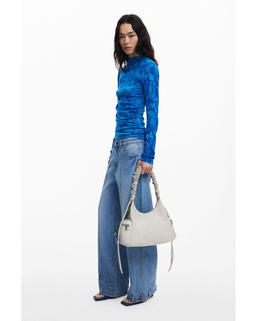 Desigual White Medium 3D Logo Bag With Ruched Handle, Polyurethane