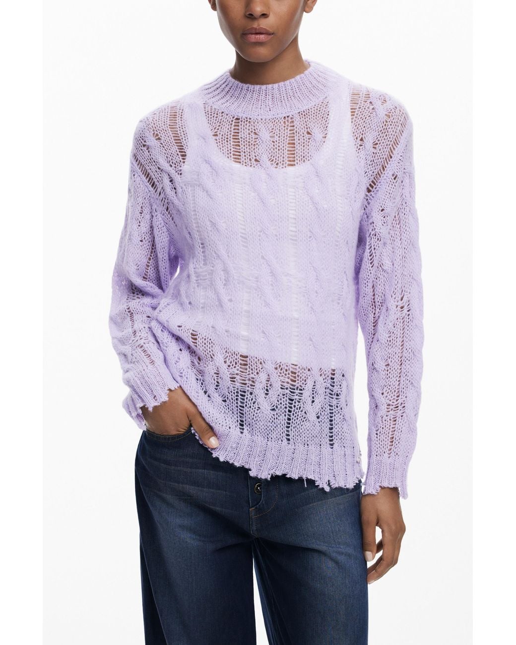 Desigual Purple Cable-Knit Sweater With Distressed Details