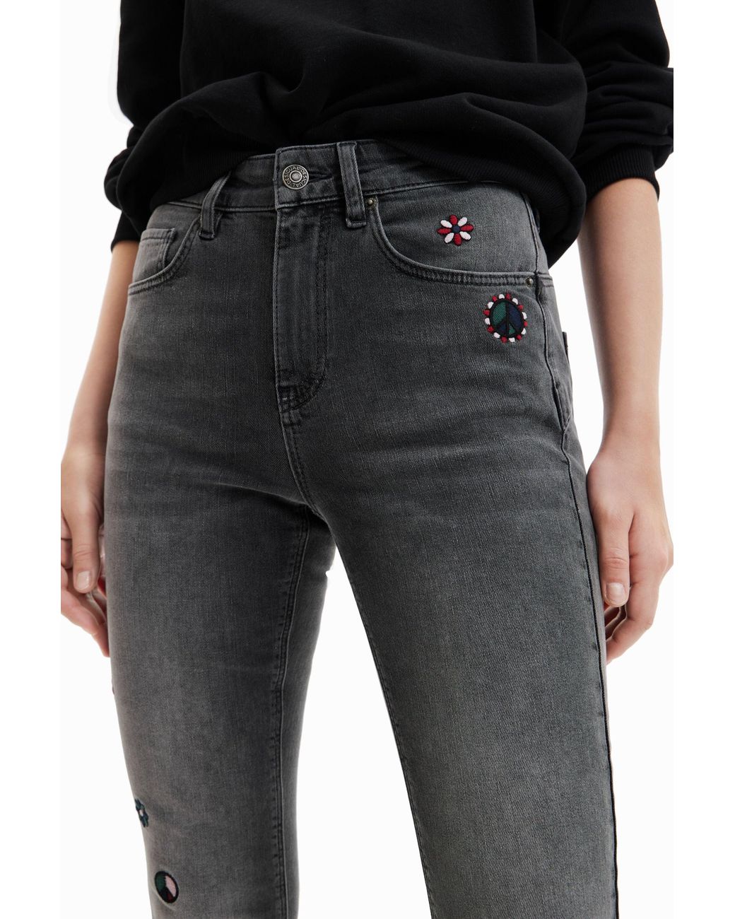 Desigual Gray Embroidered Skinny Push-Up Jeans, Cotton