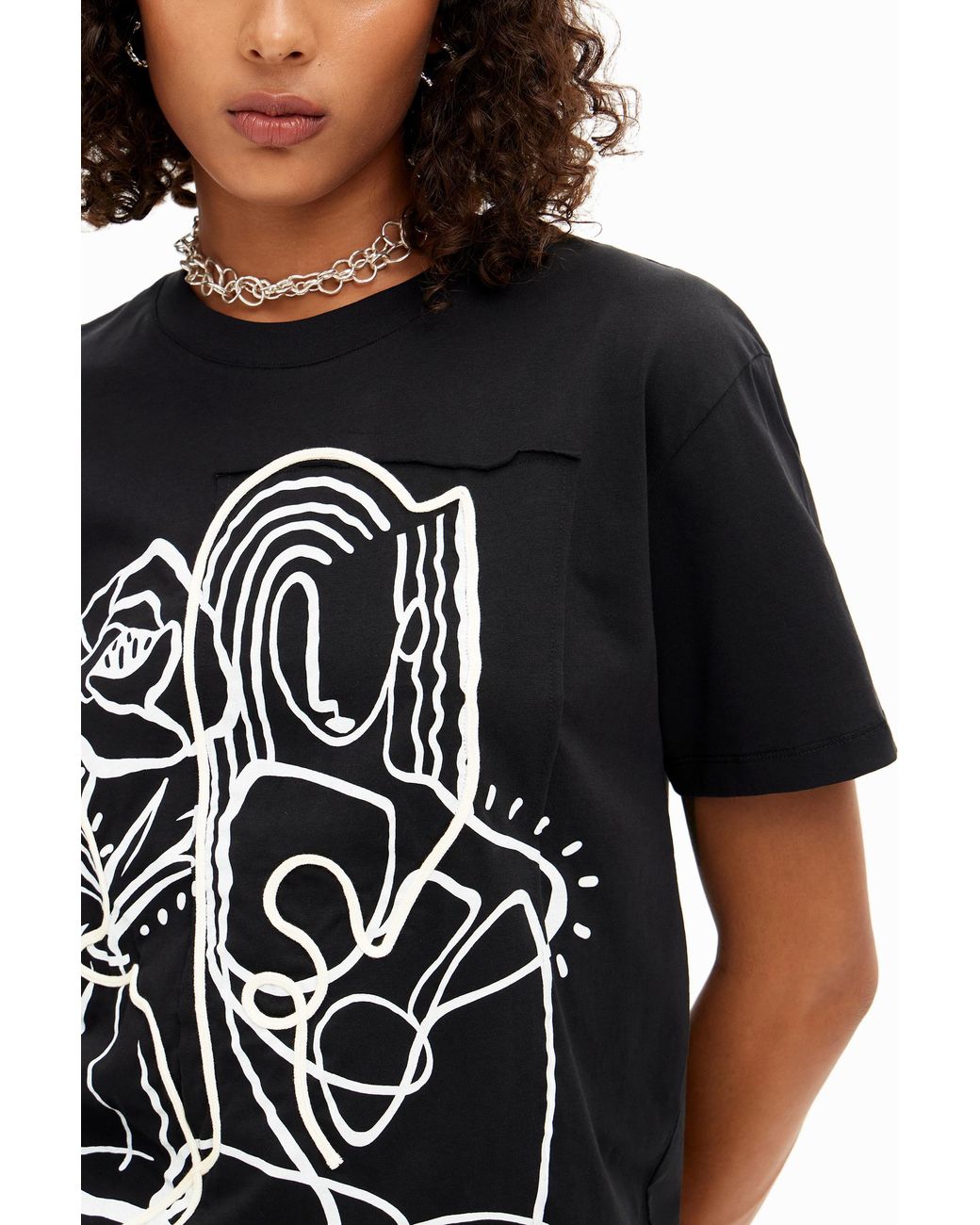Desigual Black Arty Illustration T-Shirt, Cotton