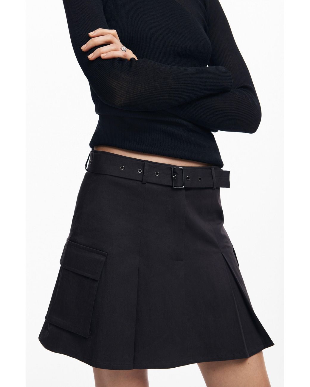 Desigual Black Pleated Skirt With Belt, Cotton