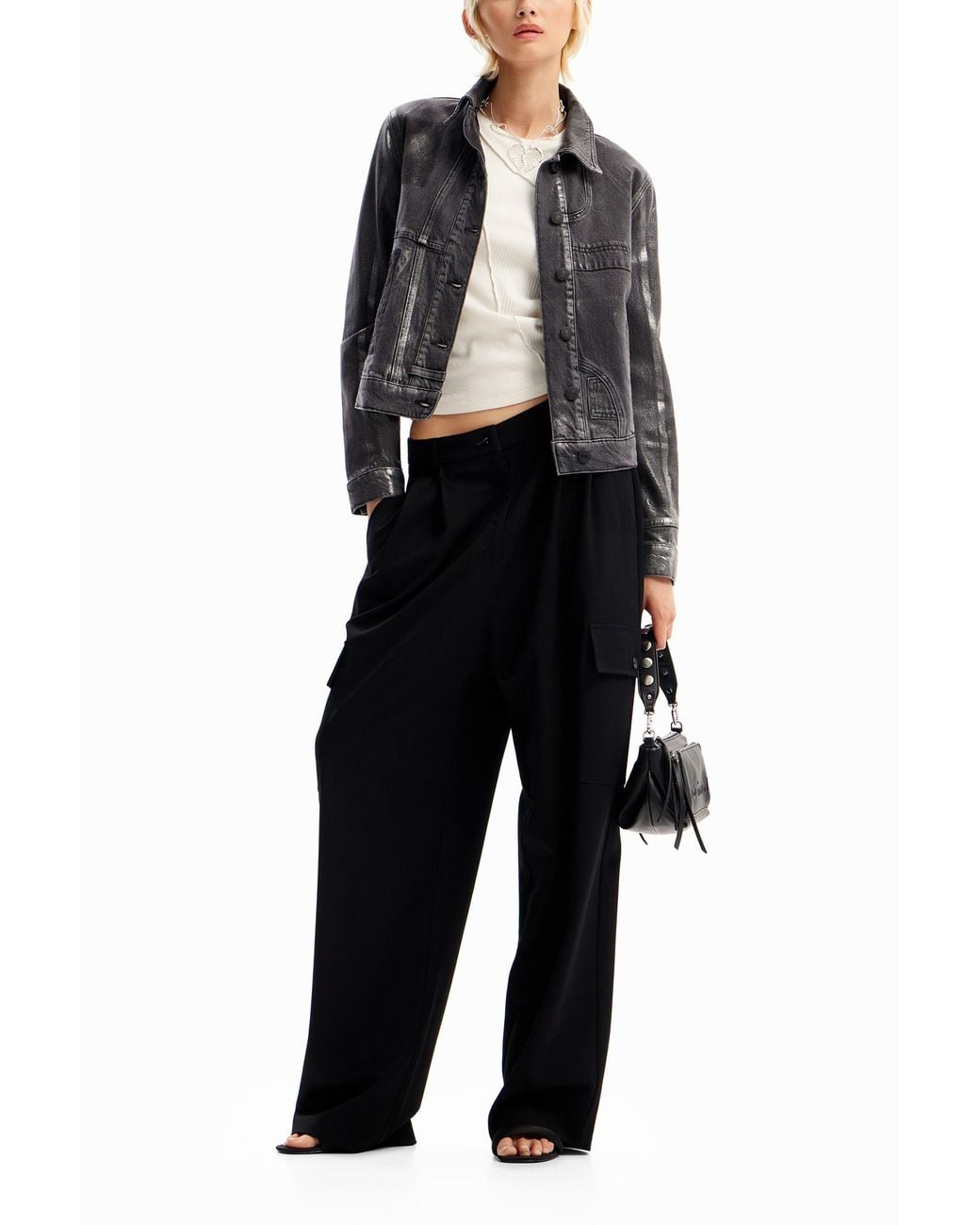 Desigual Black Metallic Denim Trucker Jacket, Cotton