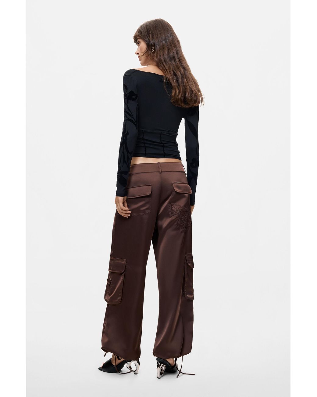 Desigual Brown Satin Cargo Pants, Polyester