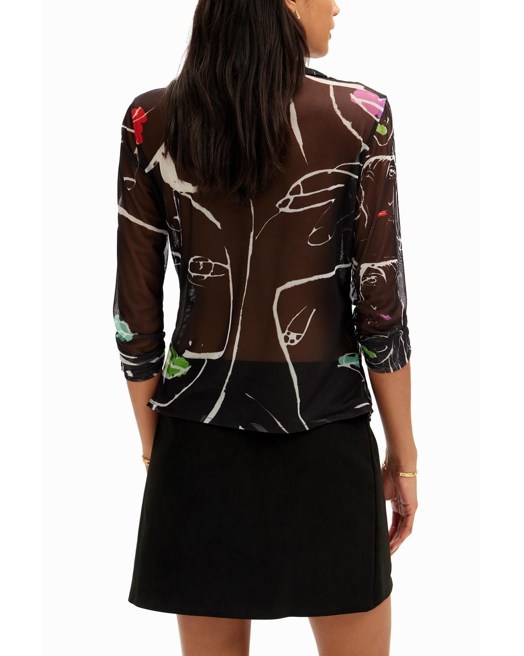 Desigual Black Arty Faces Ruched T-Shirt, Polyester