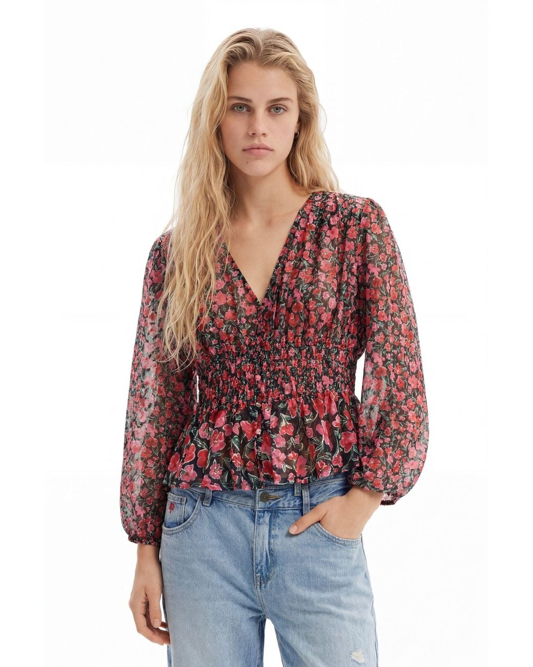 Desigual Red Floral Plumetis Blouse, Polyester
