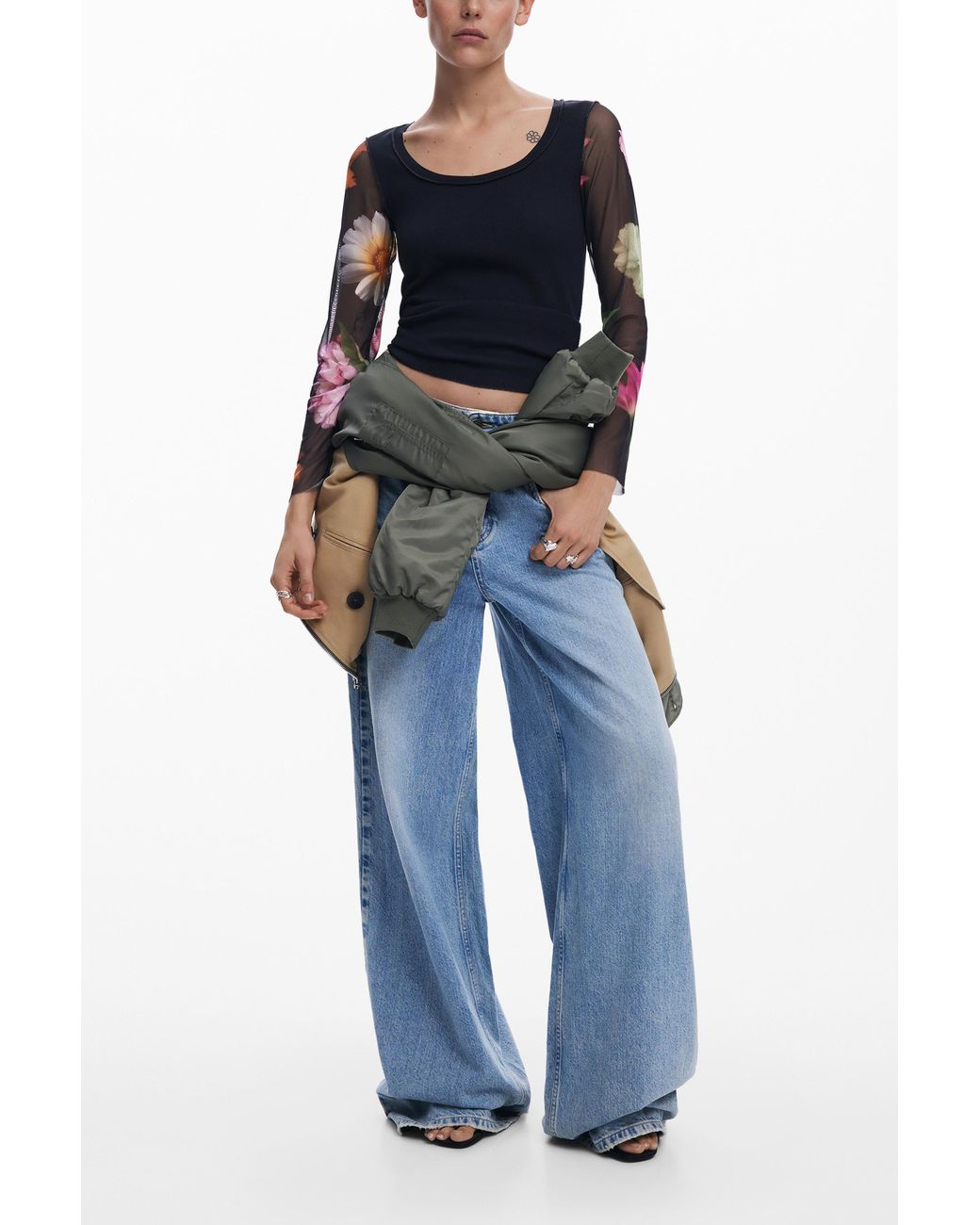 Desigual Blue T-Shirt With Printed Sleeves