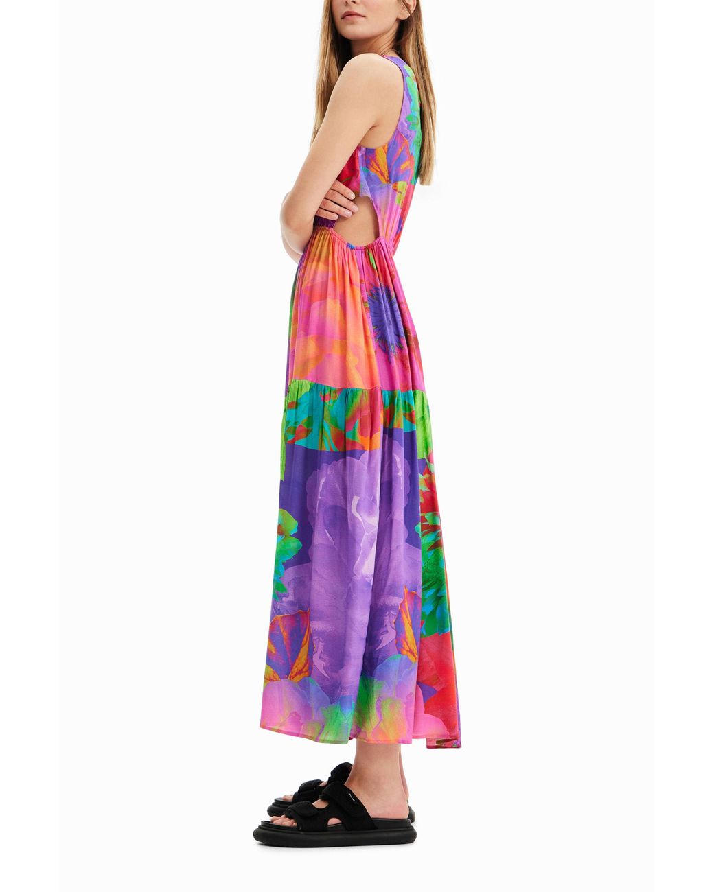 Desigual White Long Flower Cut-Out Dress, Viscose