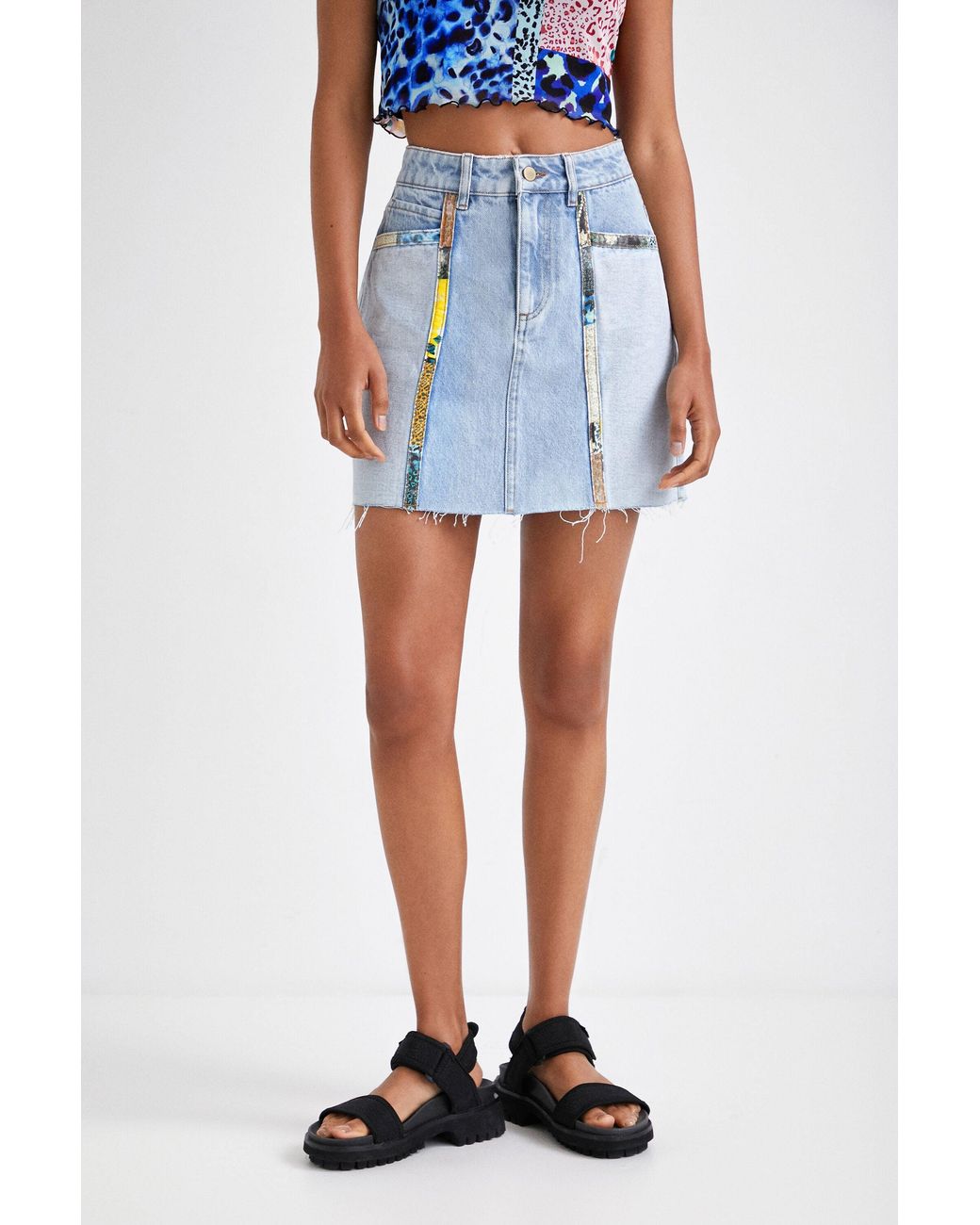 Desigual Blue Denim Patchwork Mini Skirt, Cotton