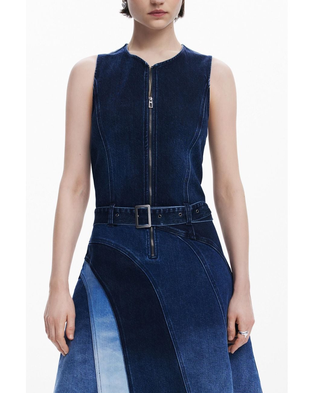 Desigual Blue Denim Midi Dress With Belt, Cotton