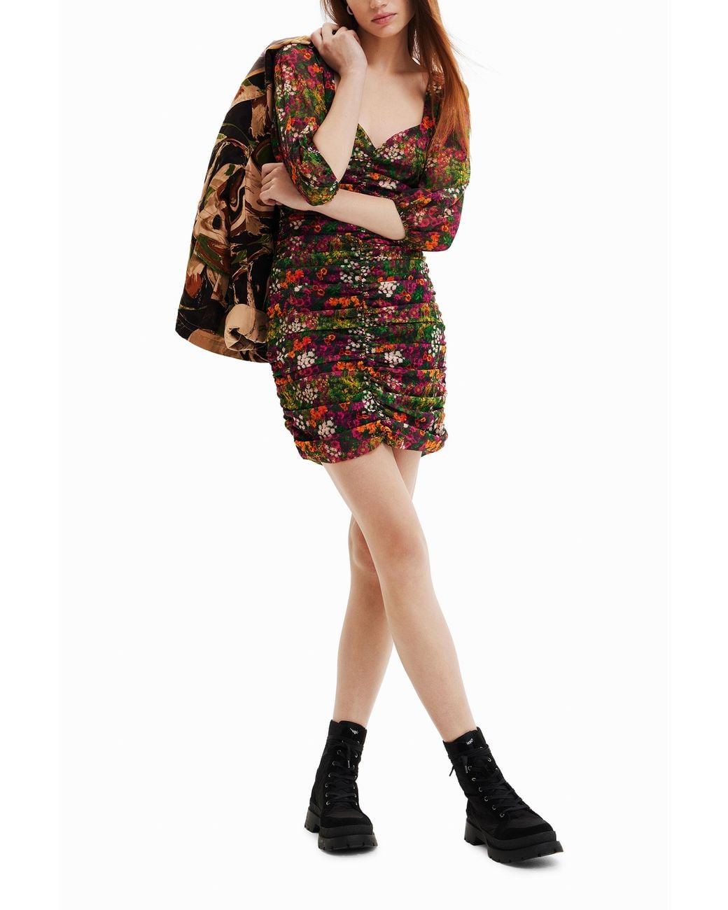 Desigual Multicolor Short Slim Dress With Ruching, Polyester