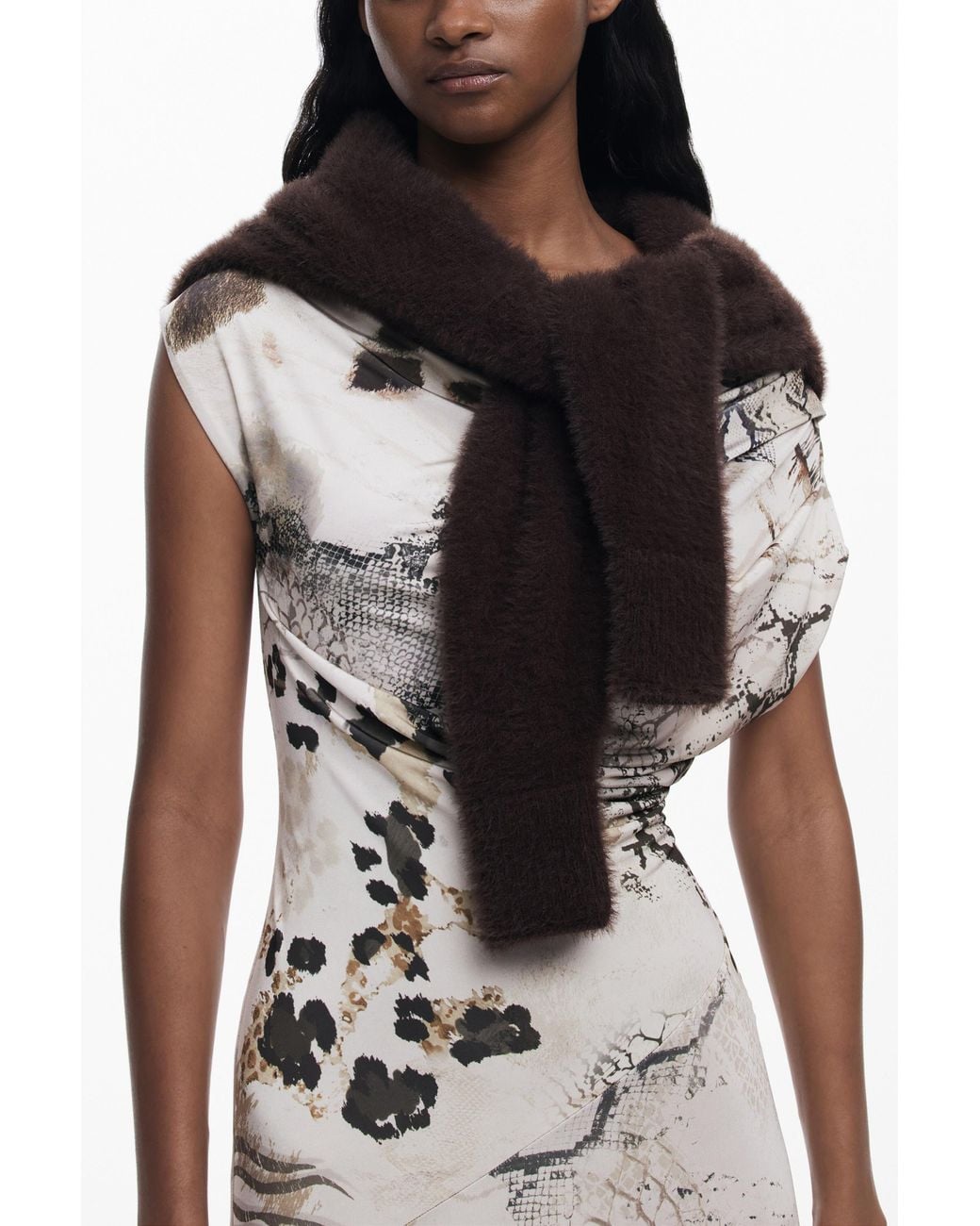 Desigual Brown 2-In-1 Slip Dress Animal Print, Polyester