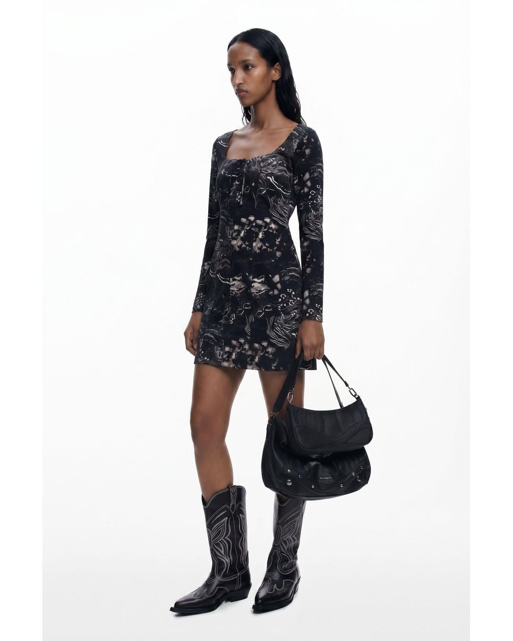Desigual Black Short Dress With Square Neckline, Cotton