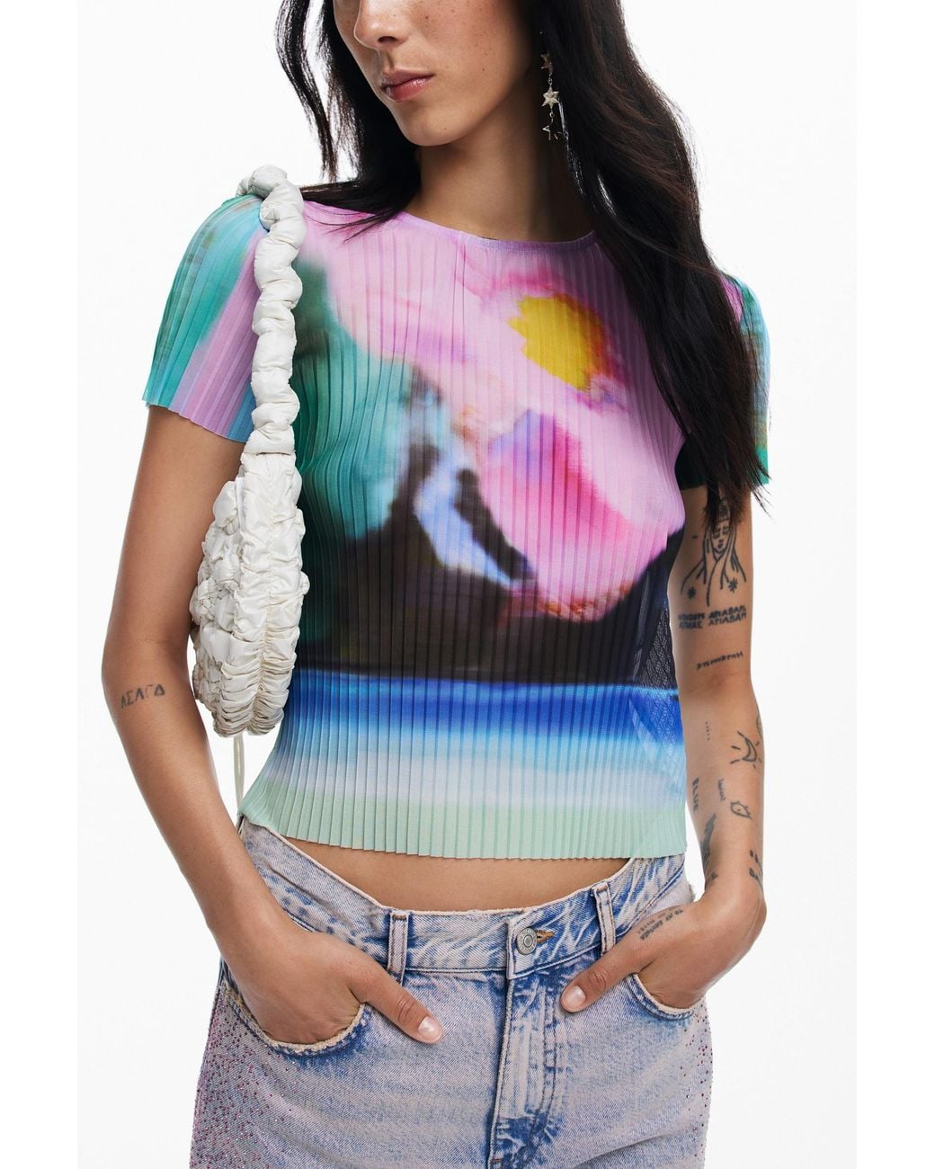 Desigual Gray Faded Landscape T-Shirt, Polyester
