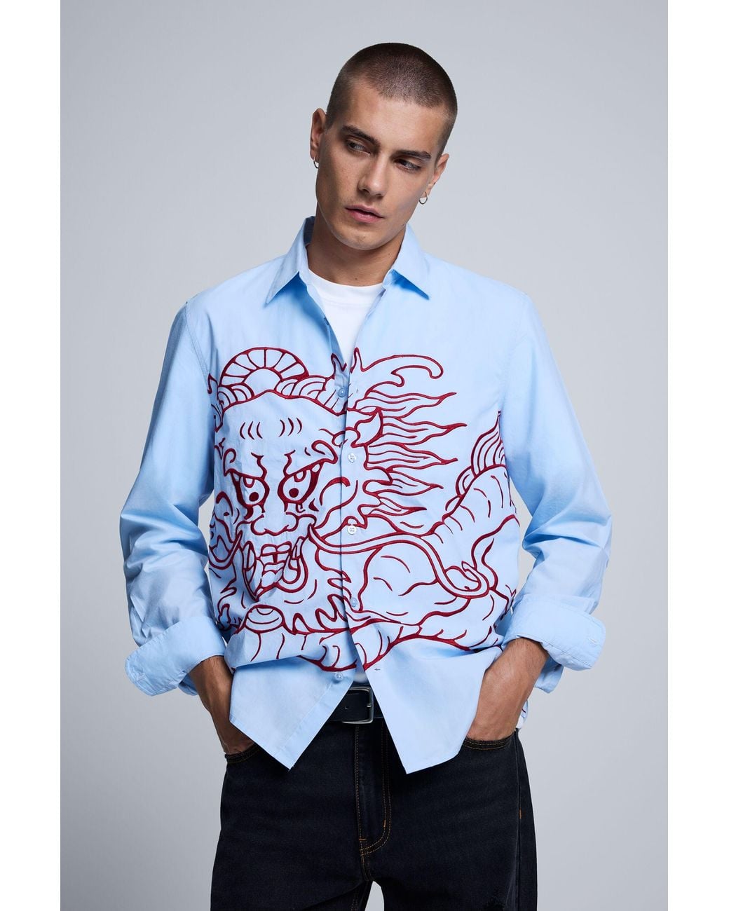 Desigual Blue Embroidered Dragon Shirt, Cotton for men