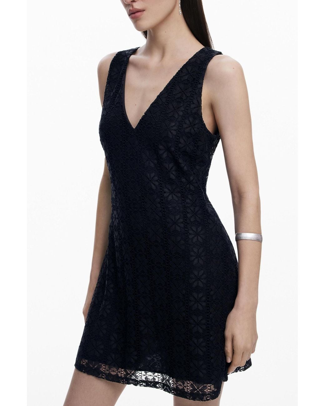 Desigual Blue Sleeveless Lace Dress, Polyester