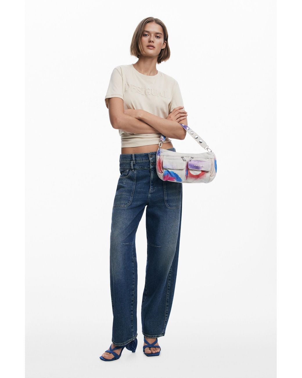 Desigual White Small Crossbody Bag With Pockets, Cotton