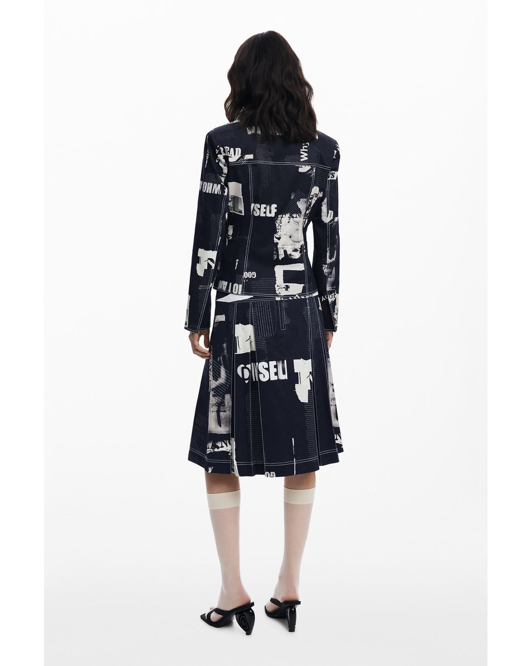 Desigual Blue Midi Skirt With Newspaper Pleats, Cotton