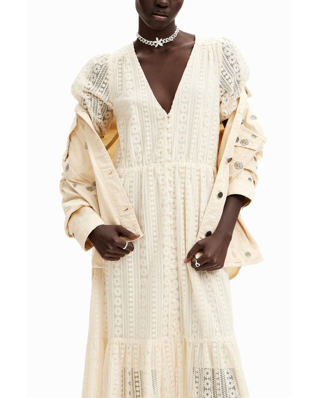 Desigual Natural Long Embroidered Dress