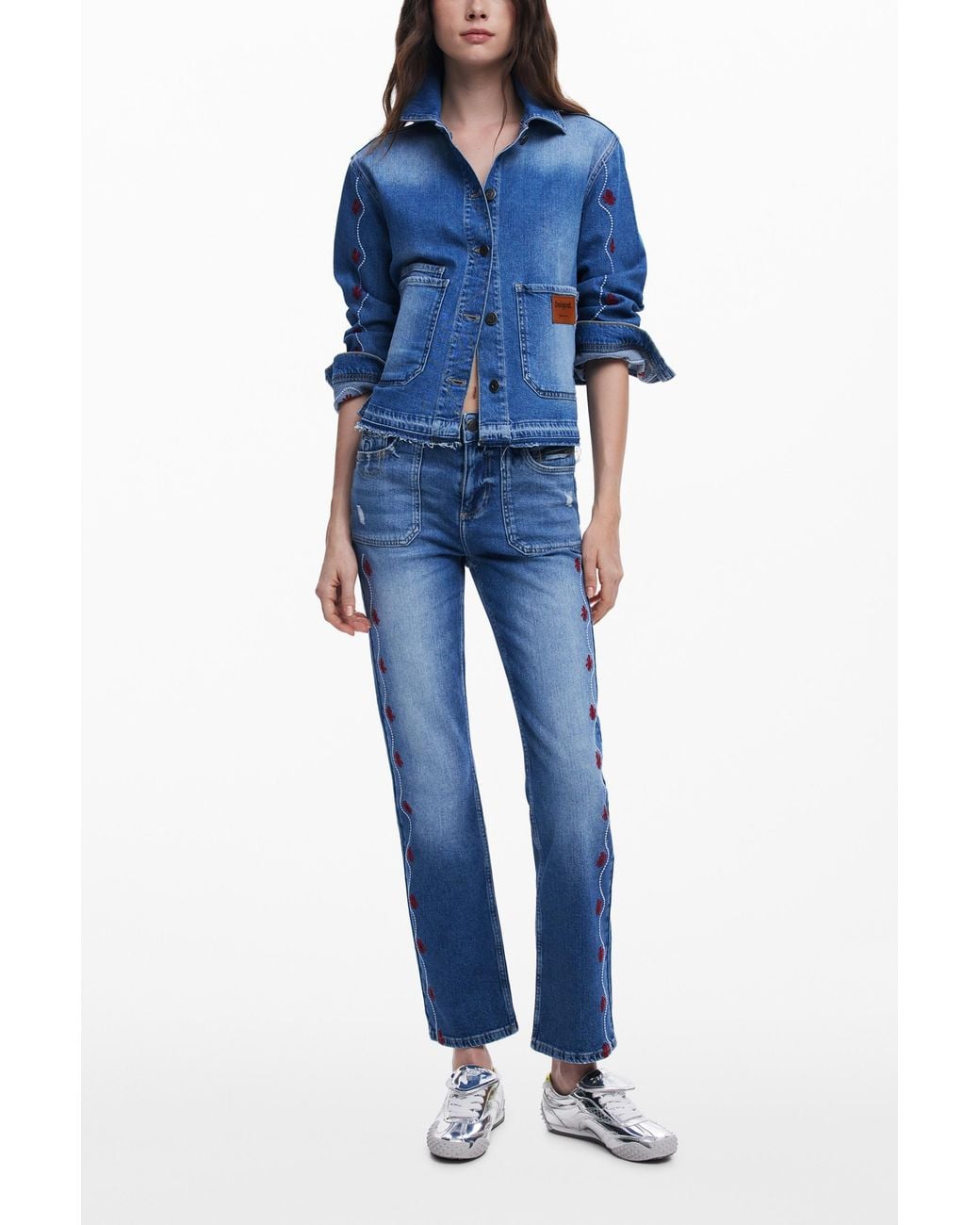 Desigual Blue Floral Denim Jacket, Cotton