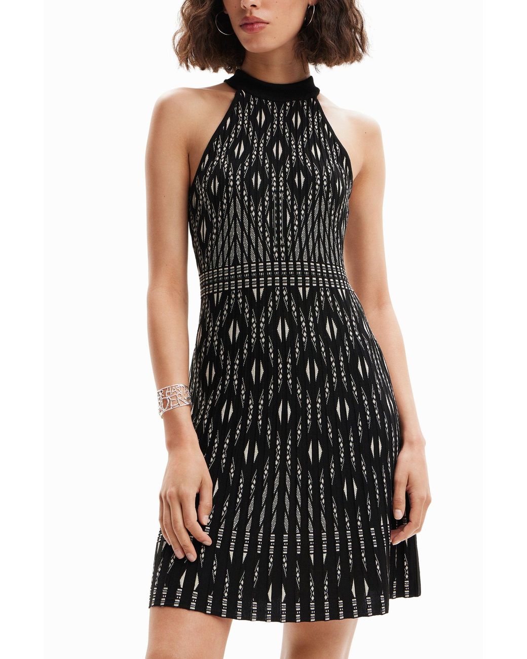Desigual Black Short Geometric Knit Dress, Viscose