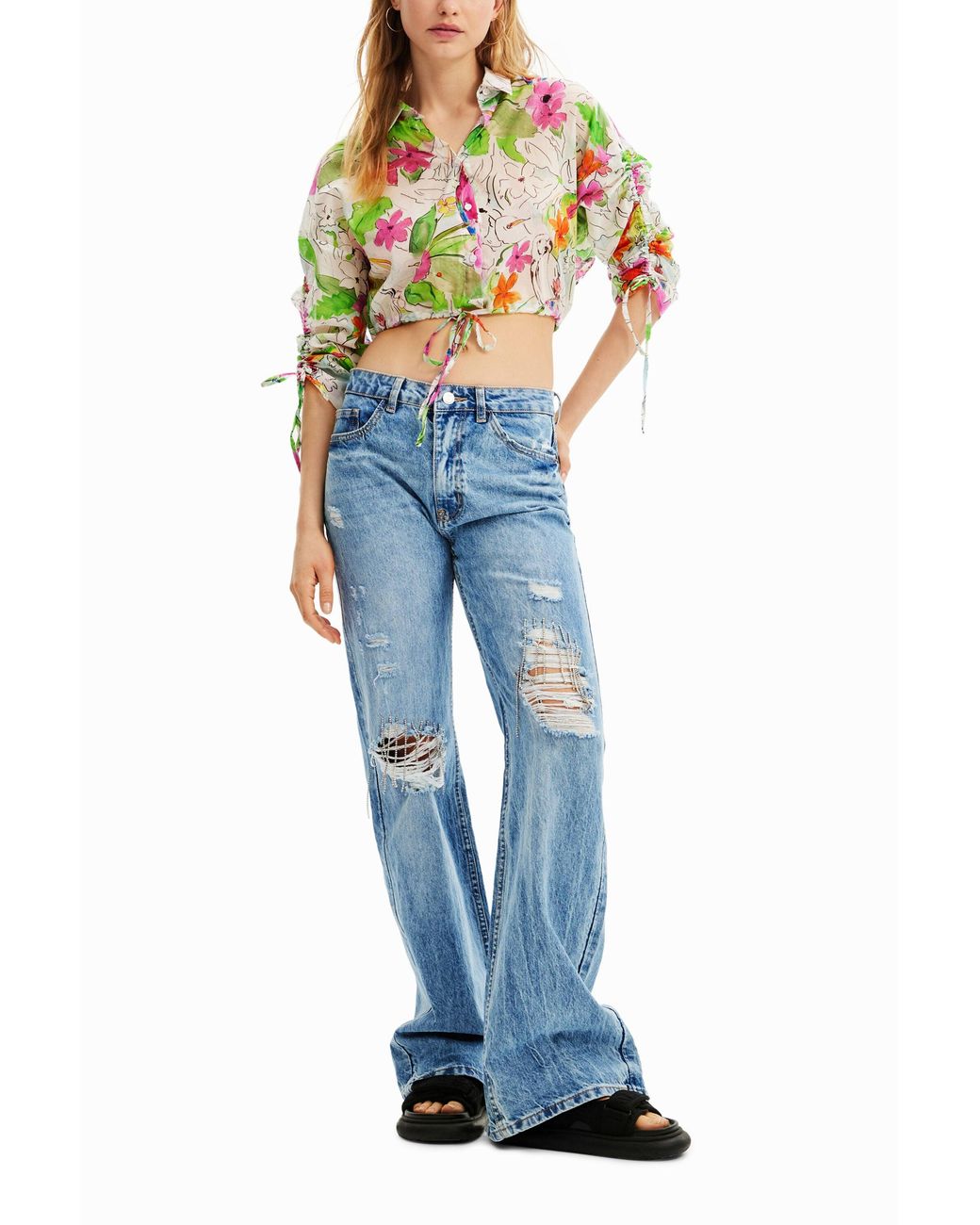 Desigual White Short Gathered Shirt, Cotton