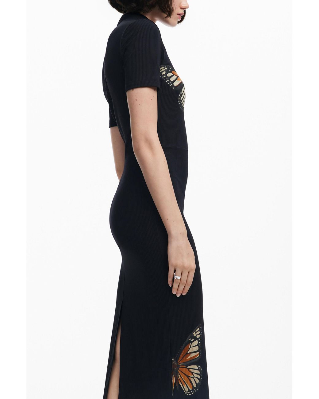 Desigual Black Slim Midi Butterfly Dress, Viscose
