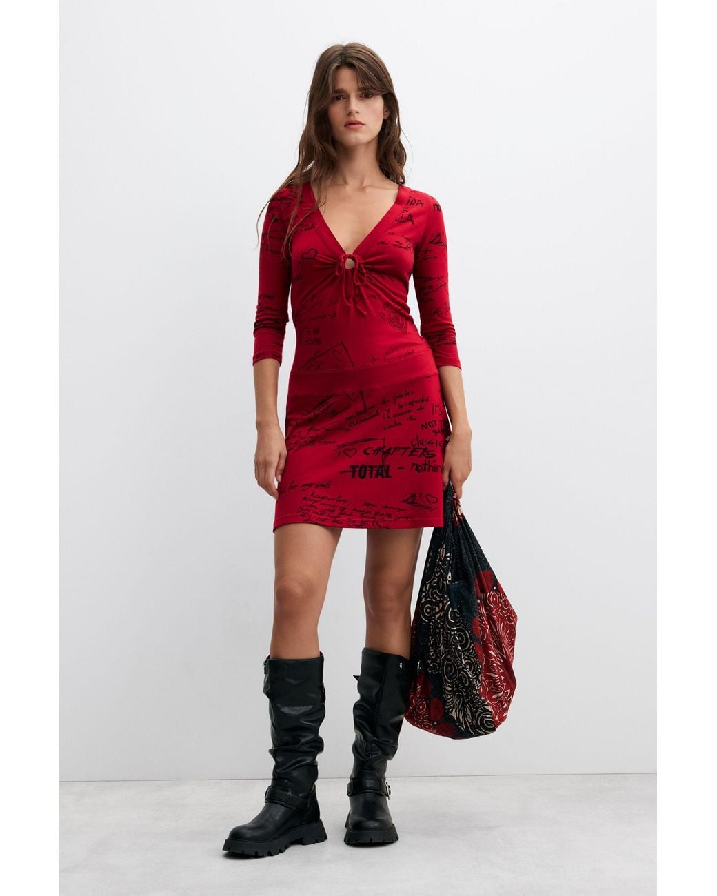 Desigual Red Short Dress With Vintage Print