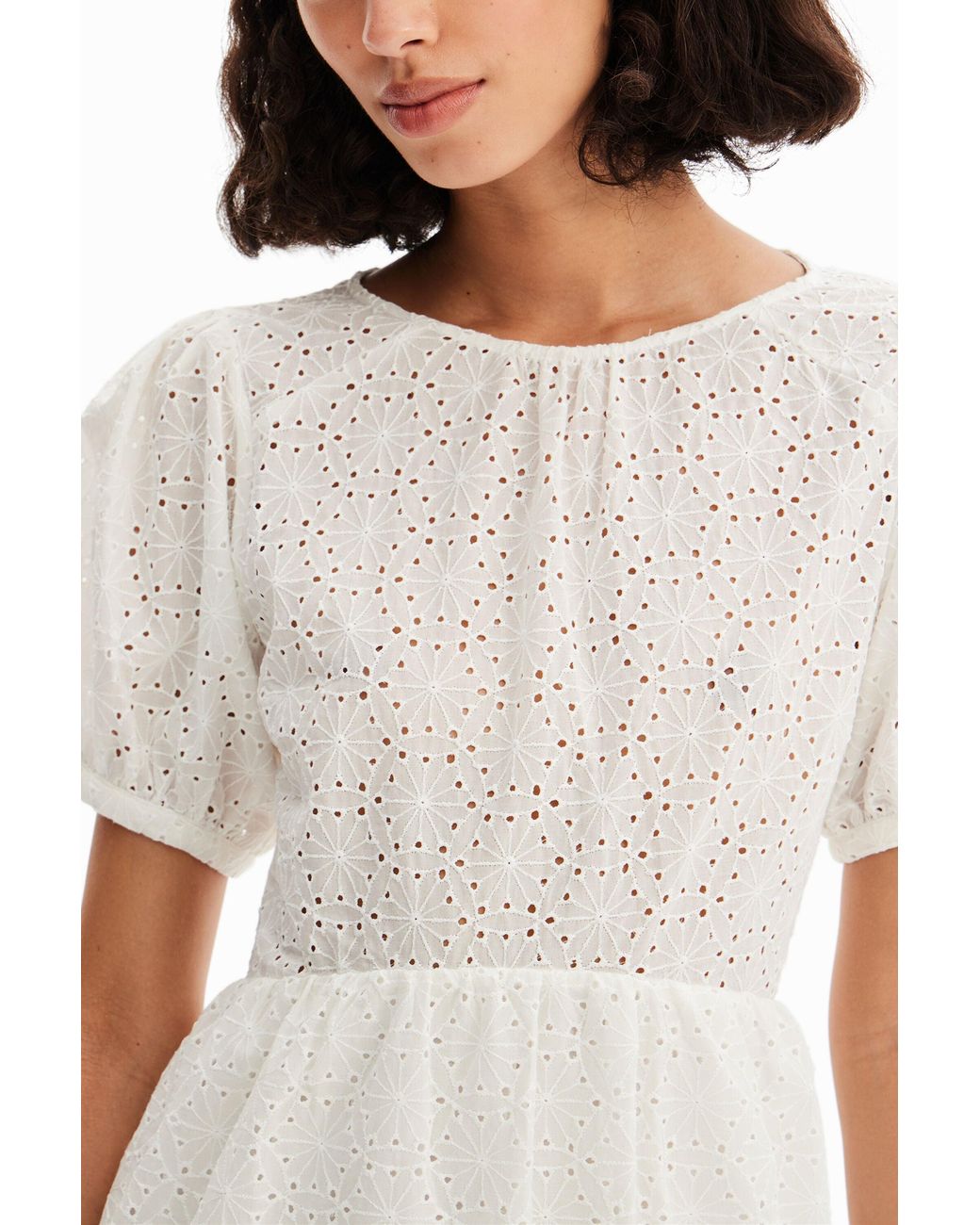 Desigual White Short Swiss Embroidery Dress, Cotton