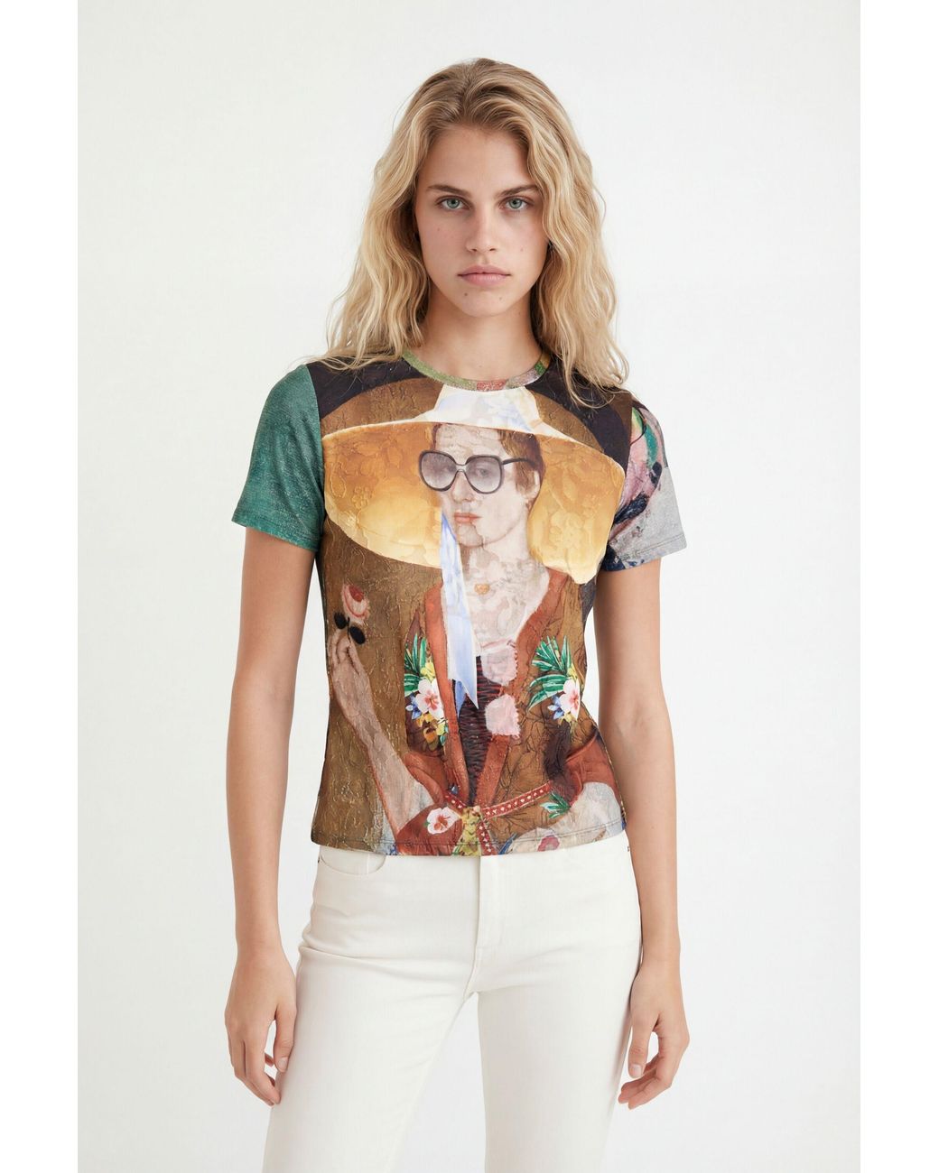 Desigual Green Portrait Artwork T-Shirt, Polyester