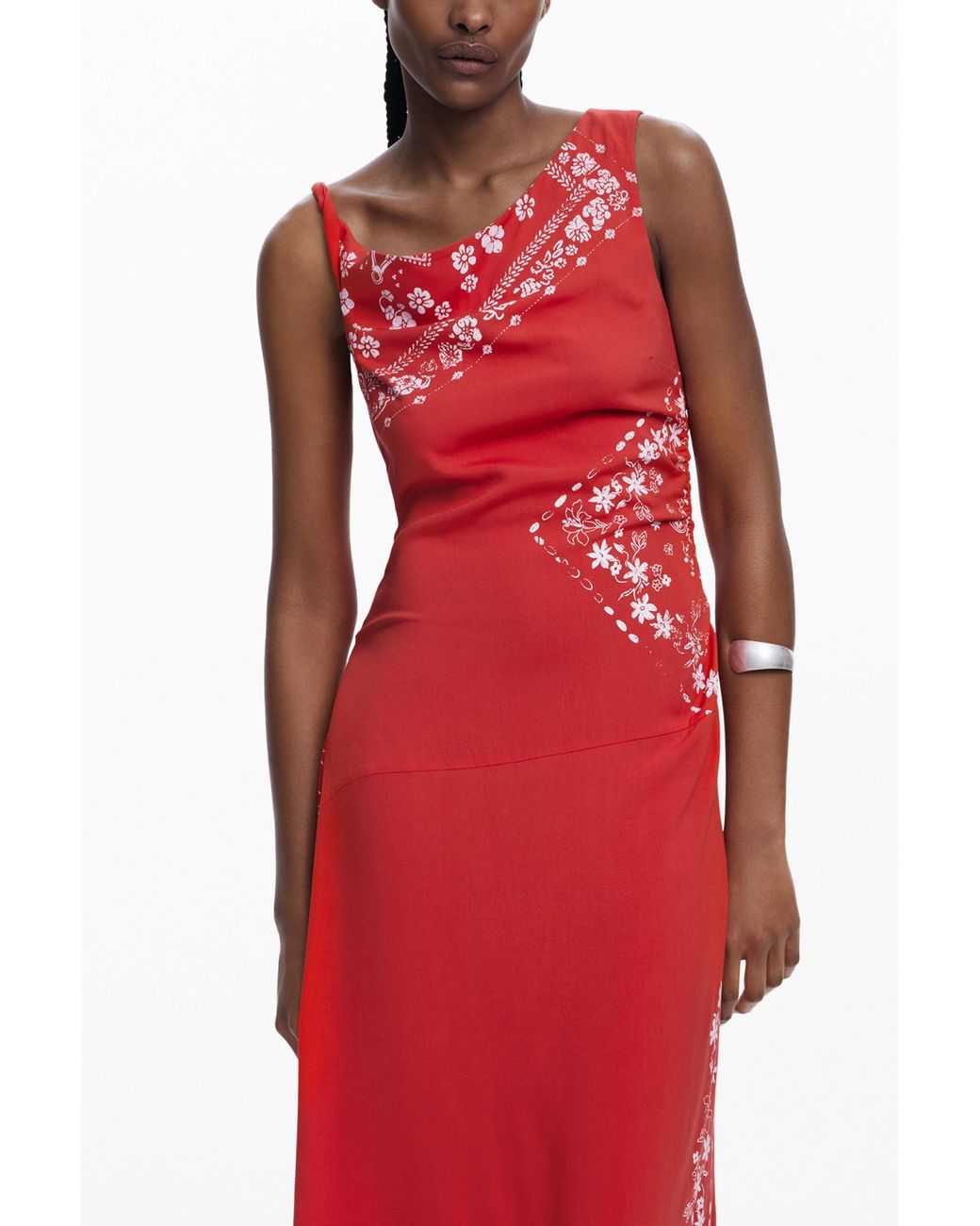 Desigual Red Asymmetric Bandana Floral Dress, Viscose