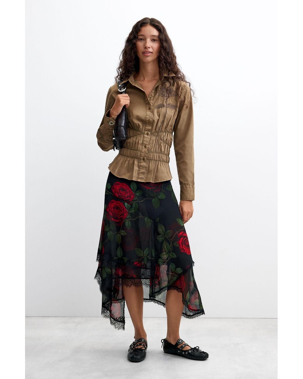 Desigual Brown Fitted Shirt With Embroidery, Cotton