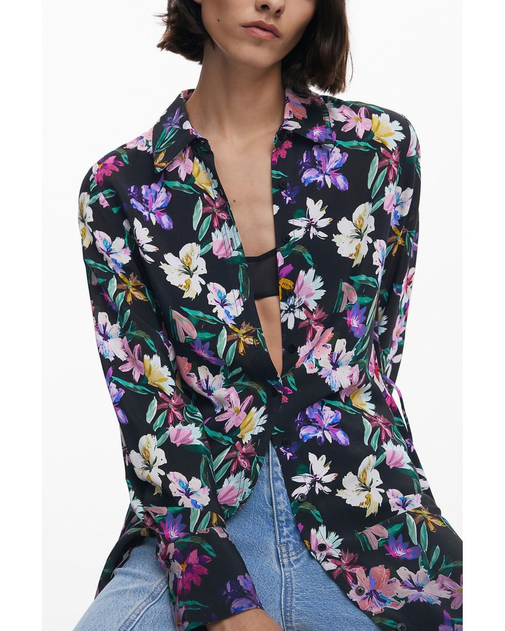 Desigual Blue Gradient Floral Shirt Dress, Viscose