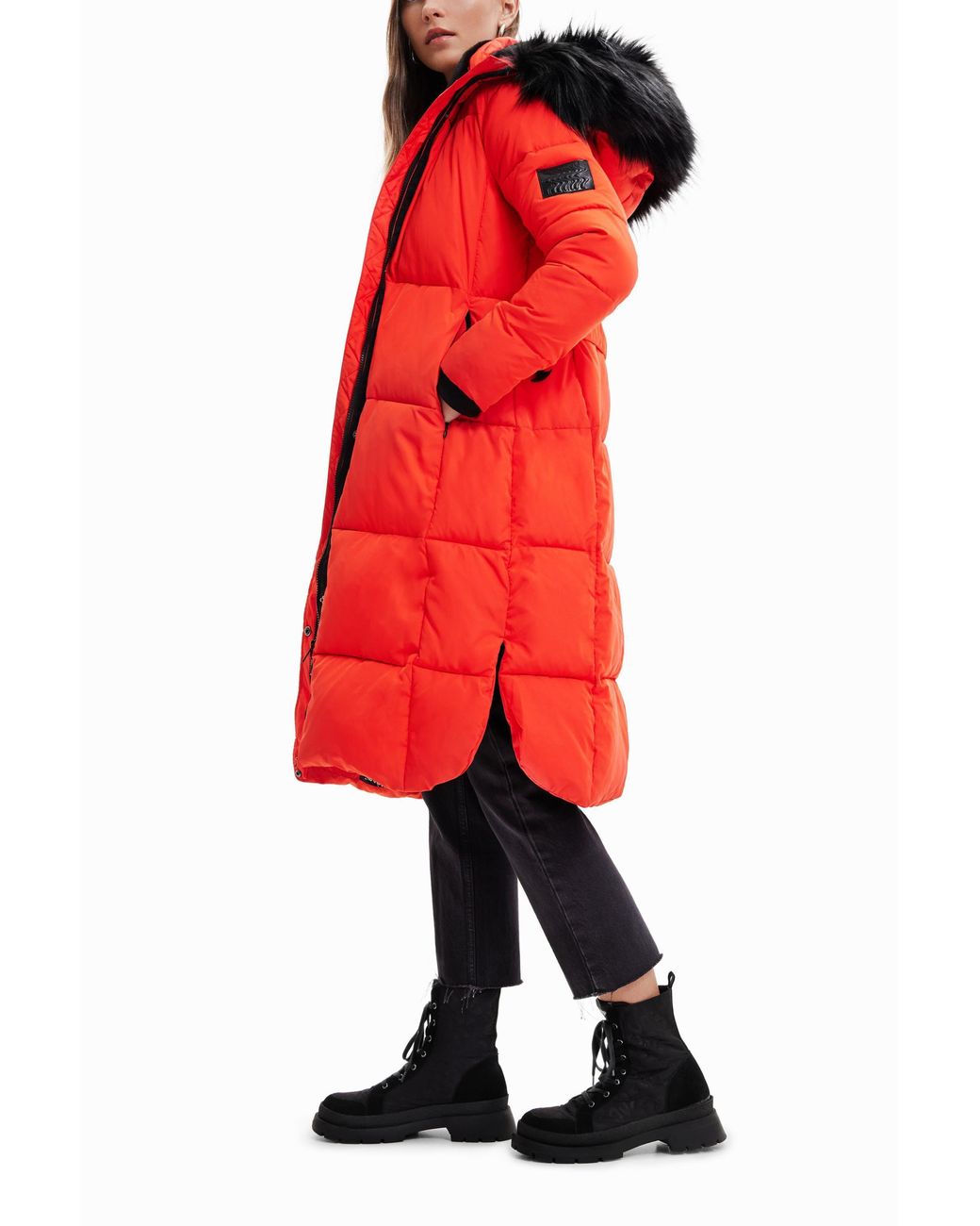 Desigual Red Long Padded Coat With Belt, Polyester
