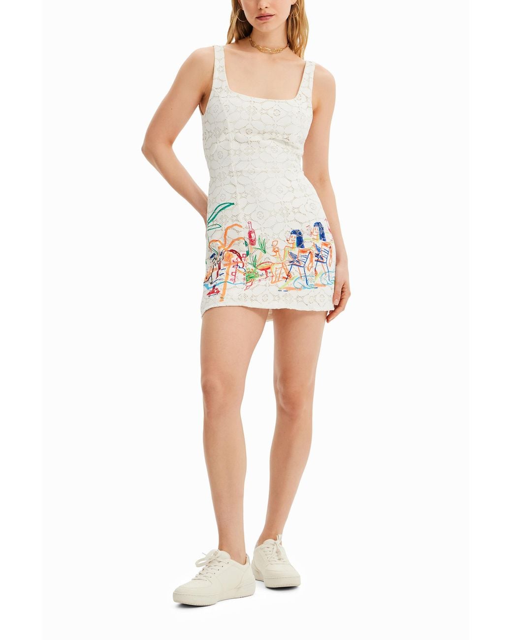 Desigual White Short Lace Illustration Dress, Polyester