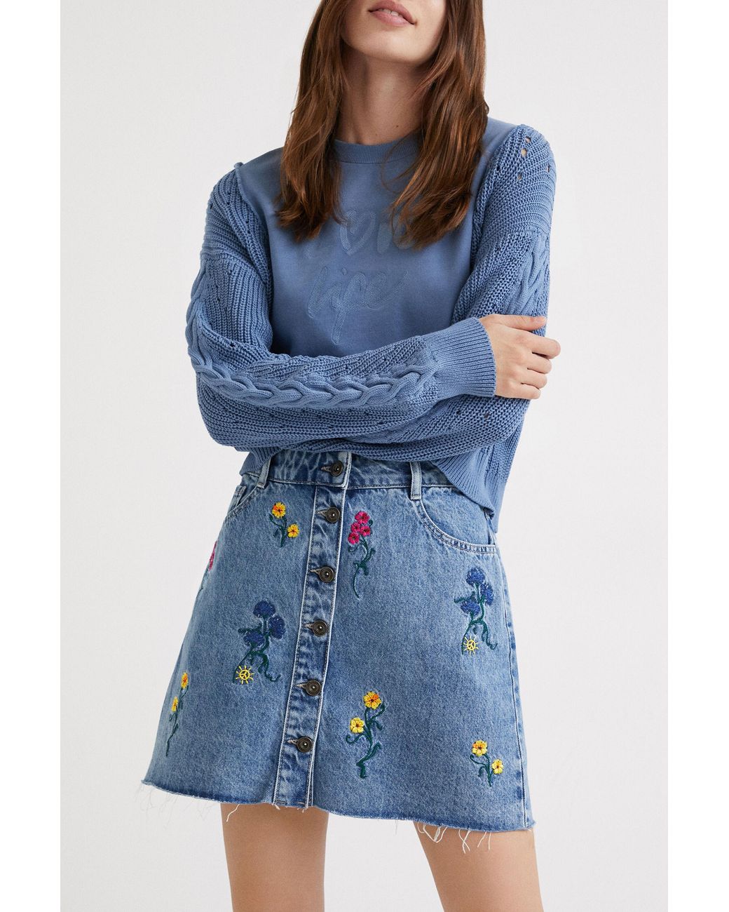Desigual Blue Floral Denim Miniskirt, Cotton