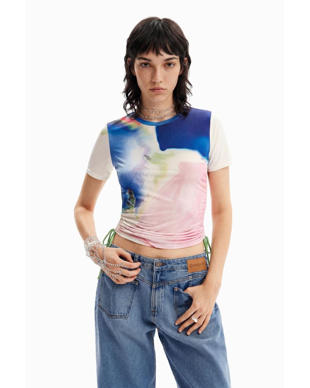 Desigual Blue Short Gathered Watercolour T-Shirt, Polyester