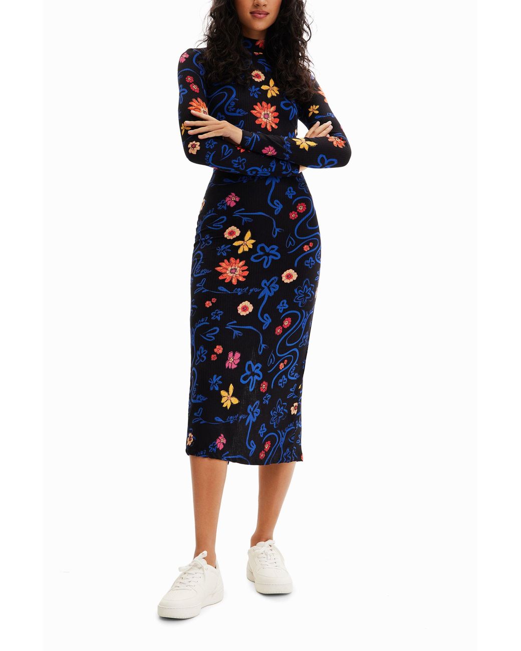Desigual Blue Slim Floral Midi Dress, Viscose