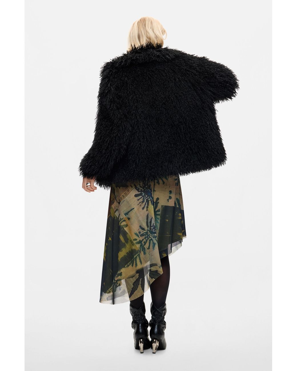Desigual Black Synthetic Fur Coat, Polyester