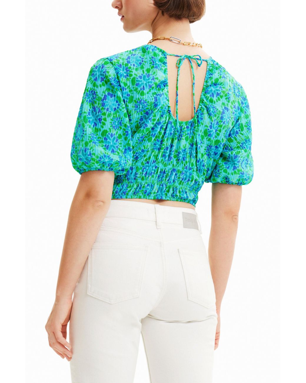 Desigual Blue Short Tie-Dye Puff-Sleeve Blouse, Polyester