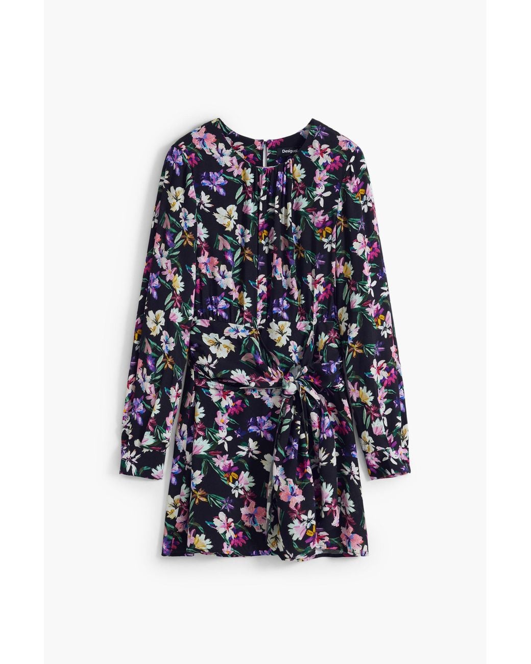 Desigual Blue Floral Knot Short Dress, Viscose