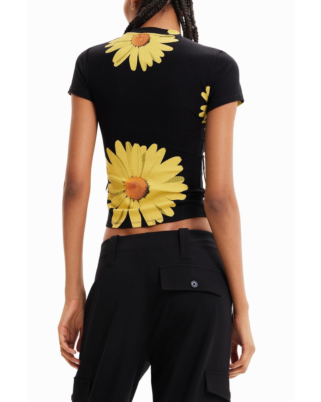 Desigual Black Ribbed Daisy T-Shirt, Viscose